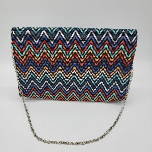 Jessica McClintock Bag Colorful Chevron Pattern Clutch Night Out Party Chain EUC - Picture 2 of 7